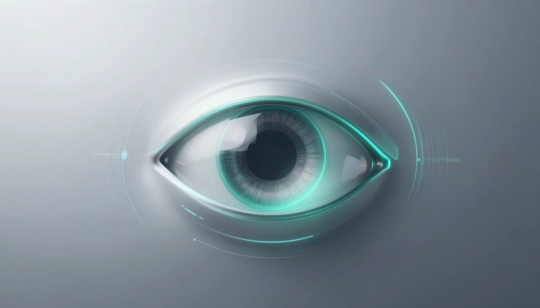 Futuristisches Auge als KI-Oberfläche mit mintfarbenen HUD-Ringen